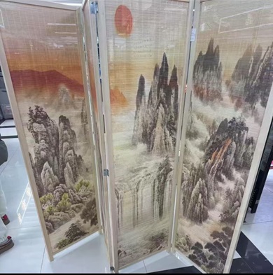 Ширма 4 двери "Горы в тумане" ротанг